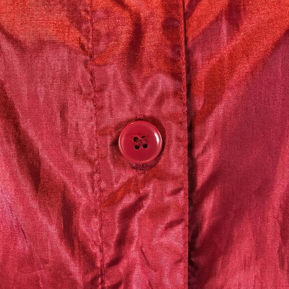 1990s Messages Red Iridescent Hooded Taffeta Belted Coat Made in Hong Kong M - Picture 7 of 13
